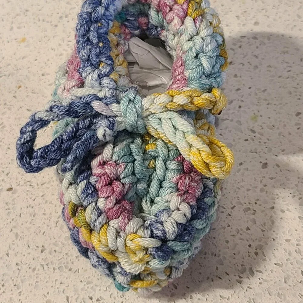 Multicolored Handmade Crocheted Baby Booties with adjustable tie